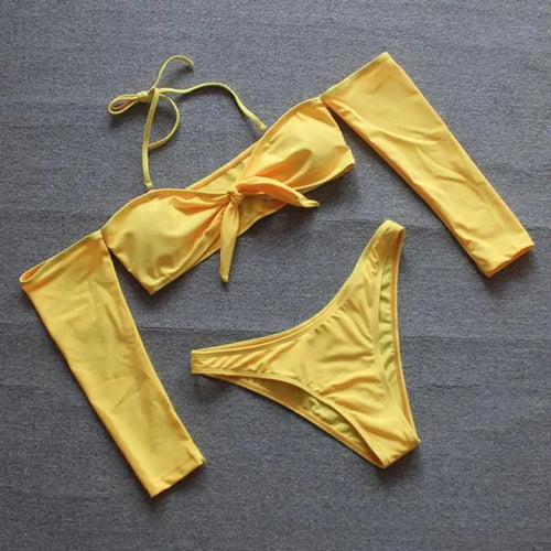 Long Sleeve Off Shoulder Padded Halter Bra & Thong Swimsuit