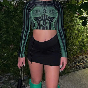 Long Sleeve Streetwear Crop Top - Green / S