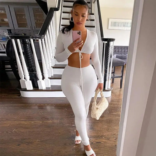 Long Sleeve V-Neck Cleavage Bandage Crop Top & Solid Sheath