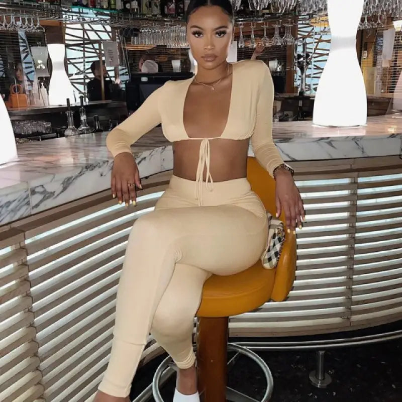 Long Sleeve V-Neck Cleavage Bandage Crop Top & Solid Sheath