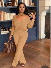 Load image into Gallery viewer, Long Sleeve V Neck Crop Top And Pants Set