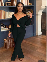 Load image into Gallery viewer, Long Sleeve V Neck Crop Top And Pants Set - Black / S