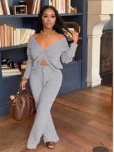 Load image into Gallery viewer, Long Sleeve V Neck Crop Top And Pants Set - Gray / S