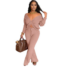 Load image into Gallery viewer, Long Sleeve V Neck Crop Top And Pants Set - Pink / S
