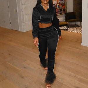 Long Sleeve Zip Up Cropped Hoodie and Sweatpants Matching