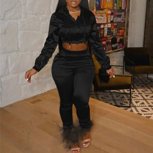 Long Sleeve Zip Up Cropped Hoodie and Sweatpants Matching