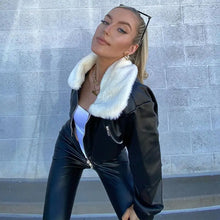 Load image into Gallery viewer, Long Sleeve Zip up Solid Fur Ruched Pu Leather Jacket