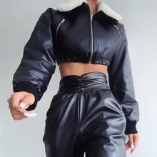 Load image into Gallery viewer, Long Sleeve Zip up Solid Fur Ruched Pu Leather Jacket