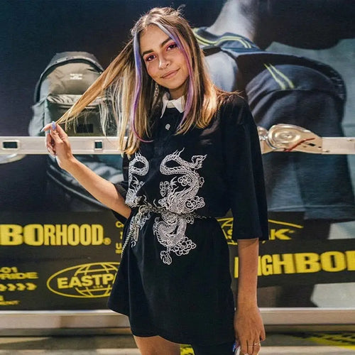Loose Gothic Long Dragon Print T-shirts