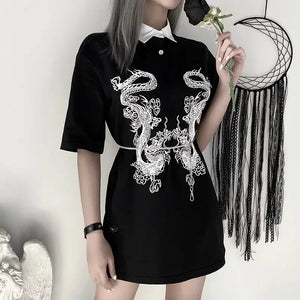 Loose Gothic Long Dragon Print T-shirts