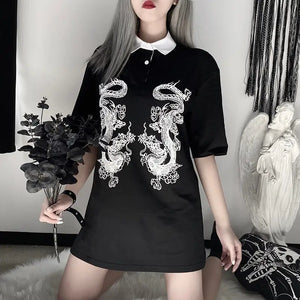 Loose Gothic Long Dragon Print T-shirts
