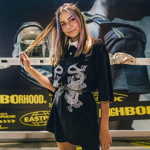 Loose Gothic Long Dragon Print T-shirts - Black / M