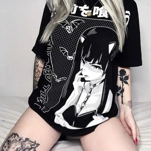 Loose Long Gothic Streetwear Oversize Black T-shirt - S
