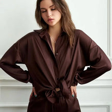 Load image into Gallery viewer, Loose Satin Long Sleeve Turn Down Collar Top With Pants Set