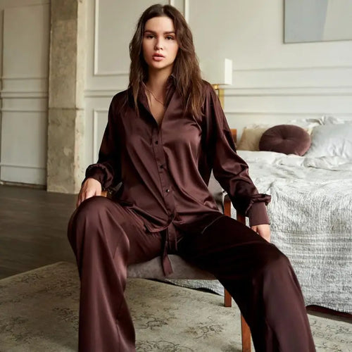 Loose Satin Long Sleeve Turn Down Collar Top With Pants Set