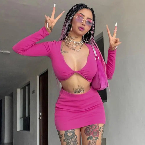 Low Cut Hollow Out Long Sleeve Crop Top & Waist Mini Skirt