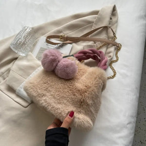Luxury Bucket Faux Fur Plush Shoulder Bag - Khaki