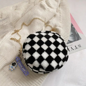 Luxury Faux Fur Small Round Bag - black