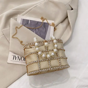 Luxury Pearl Diamond Crossbody Bag - Gold