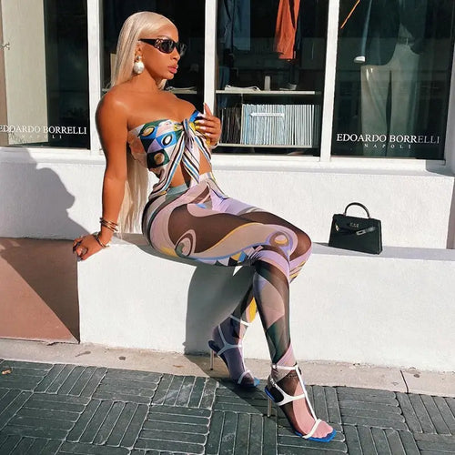 Mesh Breathable Slim-Fit Fashion Printed Two-Piece Set