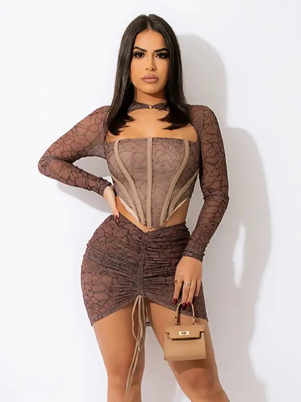 Mesh Corset Crop Top And Ruched Mini Skirt 2 Piece Set