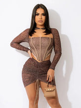 Load image into Gallery viewer, Mesh Corset Crop Top And Ruched Mini Skirt 2 Piece Set