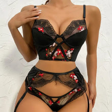 Load image into Gallery viewer, Mesh Cute Black Patchwork Floral Embroidery 3 Piece Set