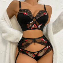 Load image into Gallery viewer, Mesh Cute Black Patchwork Floral Embroidery 3 Piece Set