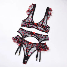 Load image into Gallery viewer, Mesh Heart Embroidery 3 Piece Lingerie Set - black / S