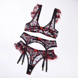 Mesh Heart Embroidery 3 Piece Lingerie Set - black / S