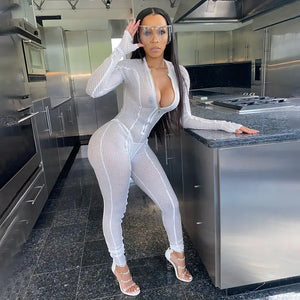 Mesh Perspective See Though Overall Zipper Jumpsuit