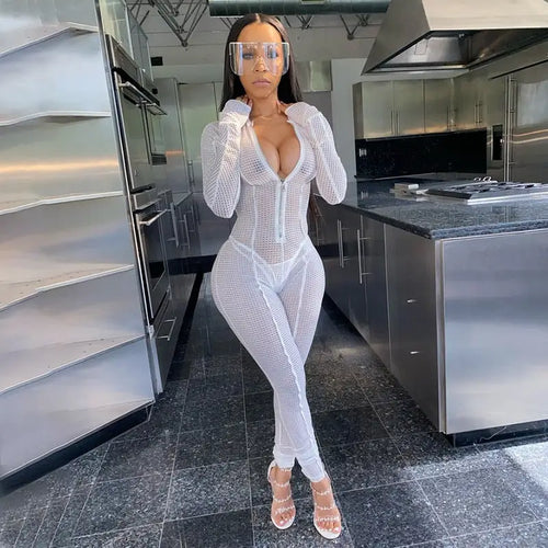 Mesh Perspective See Though Overall Zipper Jumpsuit