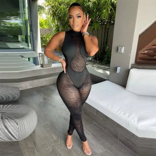 Mesh See Through Black Sleeveless Zipper Bodycon