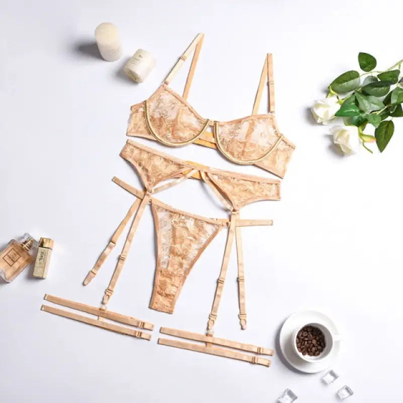 Mesh See Through Push Up Bra & Panty Set - Khaki / L