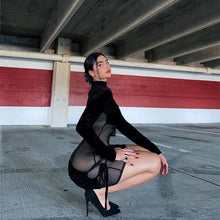 Load image into Gallery viewer, Mesh Sheer See Through Patchwork Turtleneck Dress