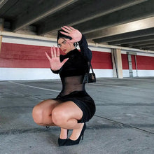 Load image into Gallery viewer, Mesh Sheer See Through Patchwork Turtleneck Dress