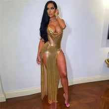 Load image into Gallery viewer, Metallic Off Shoulder Evening Dress - M / Gold