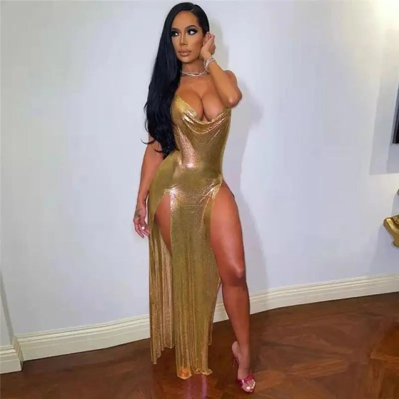 Metallic Off Shoulder Evening Dress - M / Gold
