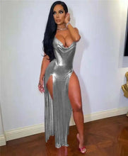 Load image into Gallery viewer, Metallic Off Shoulder Evening Dress - M / Silver
