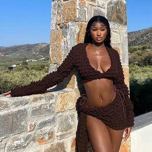 Midriff Crop Top Plaid T-Shirt & Piece Set - L / Brown