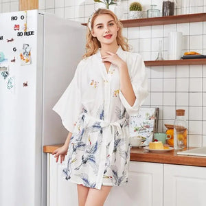 Mini Kimono Pajama Sleepwear - White-Short Robe / L