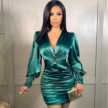 Load image into Gallery viewer, Mini Ruffle Satin Long Sleeve Club Bodycon Dress - green / S