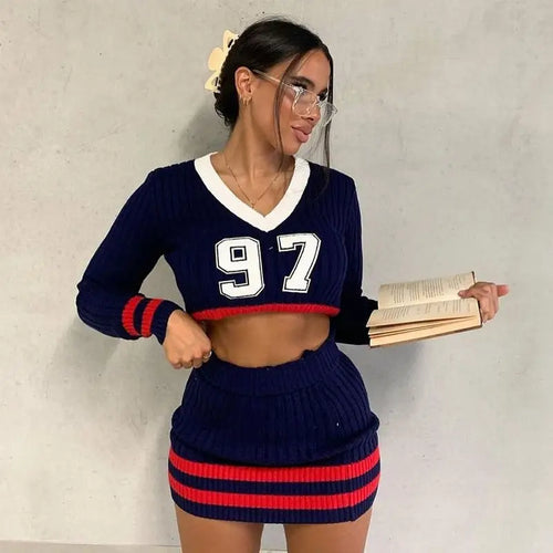 Number Print Long Sleeve U Neck Crop Top & Mini Dress Set