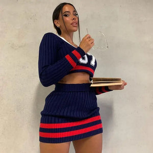 Number Print Long Sleeve U Neck Crop Top & Mini Dress Set