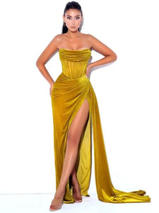Off-the-shoulder Velvet Vintage Evening Dress - S / yellow