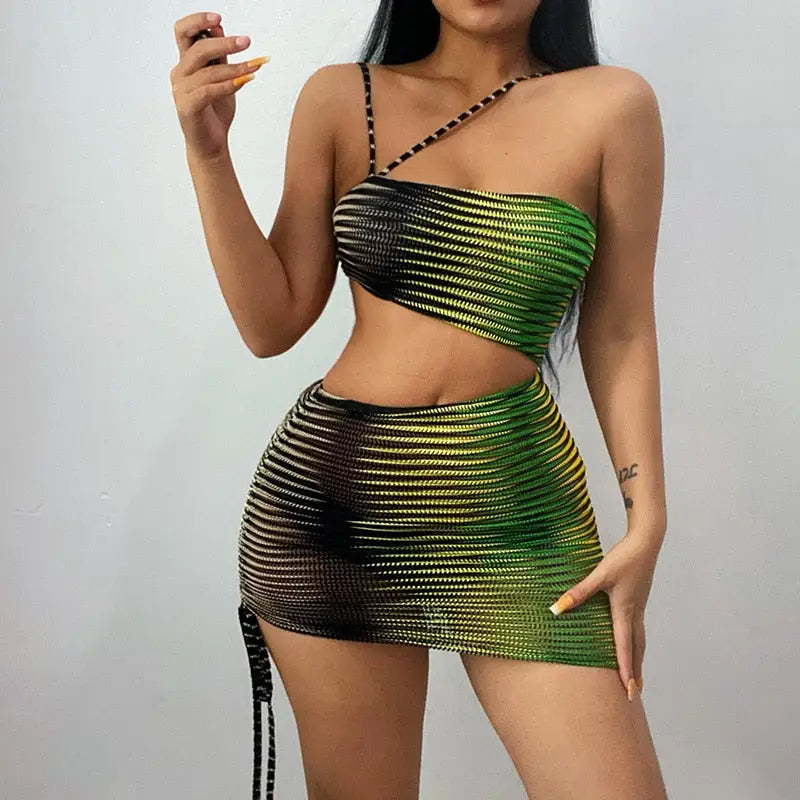 One-Shoulder Drawstring Cutout Printed Sheath Dress - green