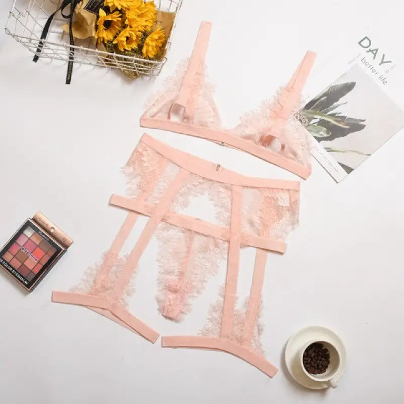 Open Cup Transparent Bra & Panty Set - Pink / M