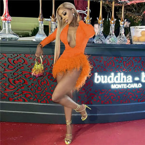 Orange Faux Fur Deep V Long Sleeve Dress