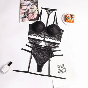 Padded Bra and Panty Mesh Lace Lingerie Set - black / XL