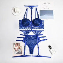 Load image into Gallery viewer, Padded Bra and Panty Mesh Lace Lingerie Set - Blue / XL